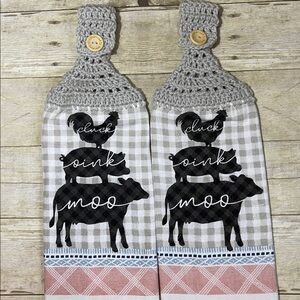 Crochet Top Double Thick Hanging Towels Set of 2 Cluck Oink Moo